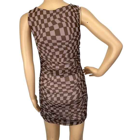 2/$30 Urban Outfitters Austin Mesh Mini Dress Taupe Checkered Ruched Size XS - Picture 8 of 14